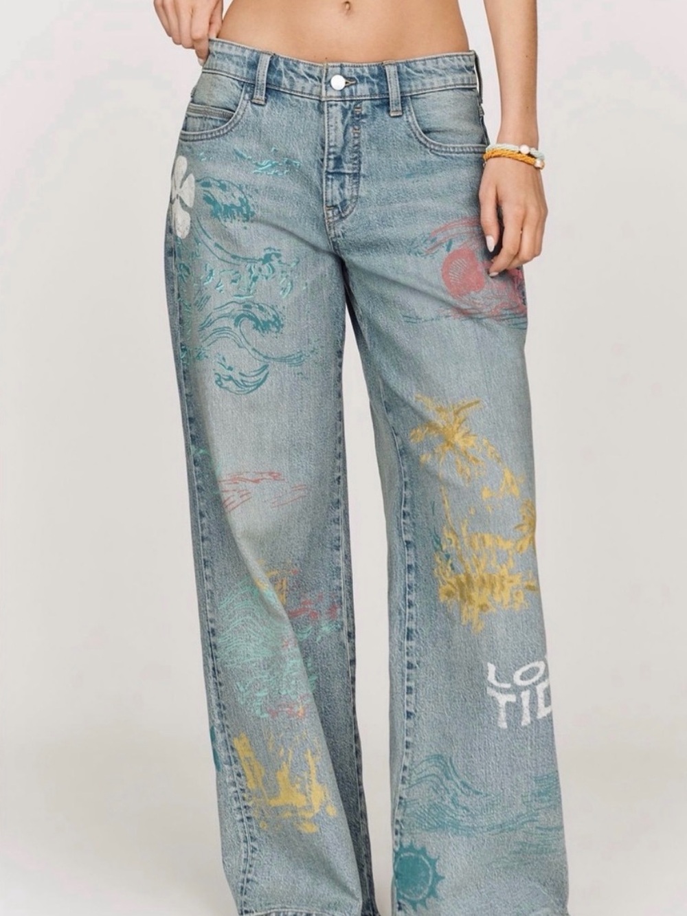 Anthropologie Painted Wide-Leg Jeans – Light Blue with Yellow & Teal Accents